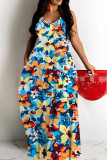 Red Blue Sexy Casual Print Backless Spaghetti Strap Long Dresses
