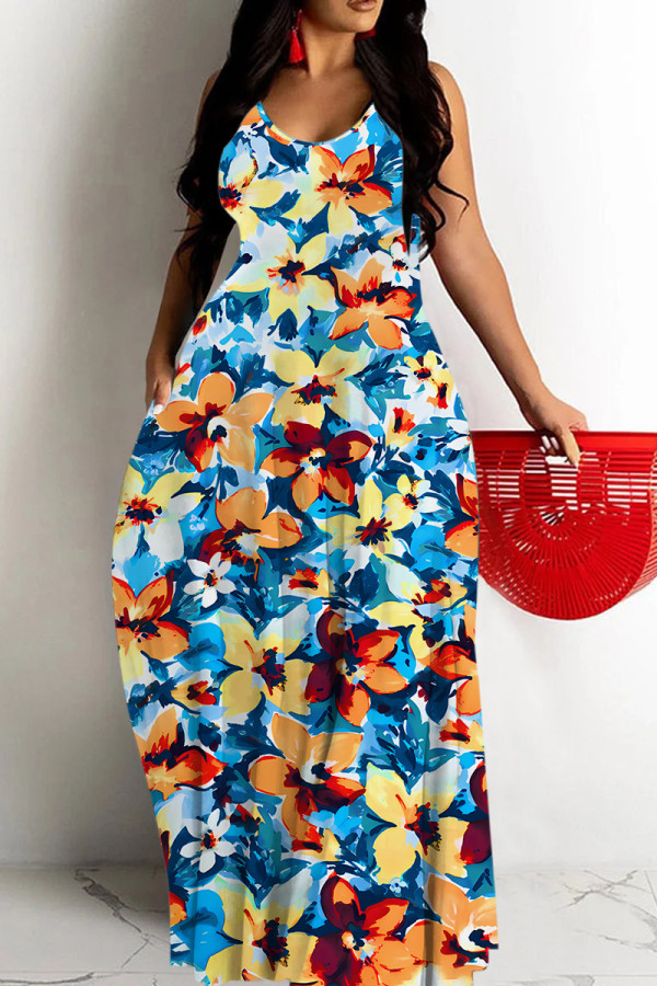 Blue Sexy Casual Print Backless Spaghetti Strap Long Dresses