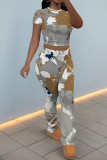 Light Gray Casual Street Camouflage Print Polka Dot Contrast O Neck Short Sleeve Two Pieces