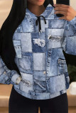 Baby Blue Casual Street Faux Denim Print Draw String Pocket Hooded Tops