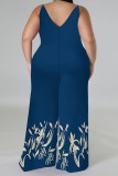 Black White Casual Print Backless Spaghetti Strap Plus Size Jumpsuits (With Headscarf)