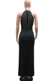 Black Elegant Solid Color Patchwork High Slit Hot Drill Zipper O Neck Long Dresses