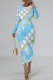 Light Blue Casual Street Letter Print Contrast O Neck Printed Dresses