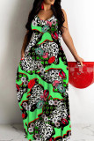 Red Blue Sexy Casual Print Backless Spaghetti Strap Long Dresses