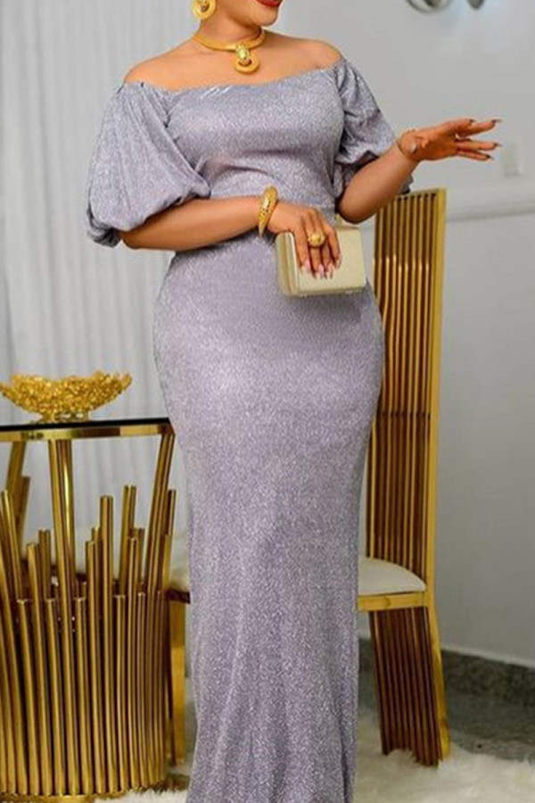 Light Purple Elegant Solid Color Patchwork Backless Off Shoulder Long Dresses