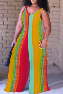 Stripe Casual Print Backless Spaghetti Strap Plus Size Jumpsuits (With Headscarf)