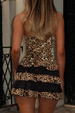 Leopard Print Sexy Leopard Print Hollow Out Patchwork Backless Strapless Printed Dresses