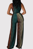 Red Casual Print Patchwork Strap Design Deep V Neck Loose Jumpsuits