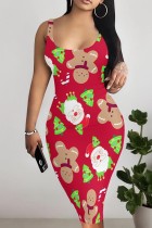 Red Khaki Casual Santa Claus Print Basic U Neck Vest Dresses