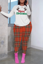 White Casual Plaid Letter Print Basic O Neck Long Sleeve Two Pieces
