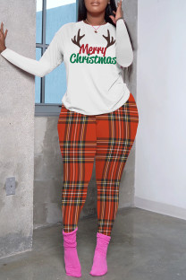 White Casual Plaid Letter Print Basic O Neck Long Sleeve Two Pieces