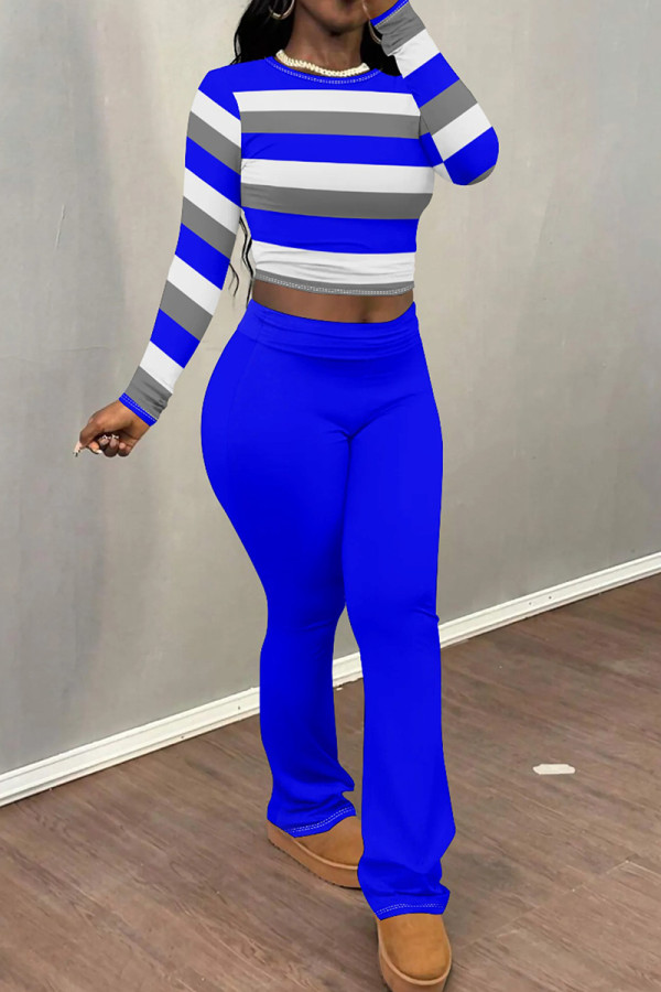 Blue Casual Print Patchwork O Neck Long Sleeve Two Pieces
