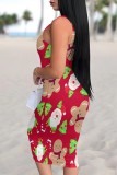 Watermelon Red Casual Santa Claus Print Basic U Neck Vest Dresses