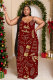 Deep Red Sexy Casual Print Backless Spaghetti Strap Long Dresses