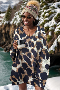 Coffee Casual Daily Leopard Print Basic V Neck Tops