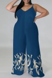 Black White Casual Print Backless Spaghetti Strap Plus Size Jumpsuits (With Headscarf)