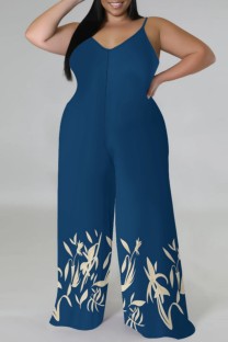 Tibetan Blue Casual Print Backless Spaghetti Strap Plus Size Jumpsuits (With Headscarf)