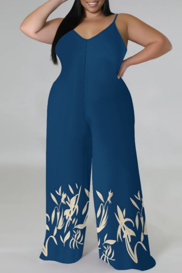 Tibetan Blue Casual Print Backless Spaghetti Strap Plus Size Jumpsuits (With Headscarf)