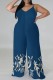 Tibetan Blue Casual Print Backless Spaghetti Strap Plus Size Jumpsuits (With Headscarf)