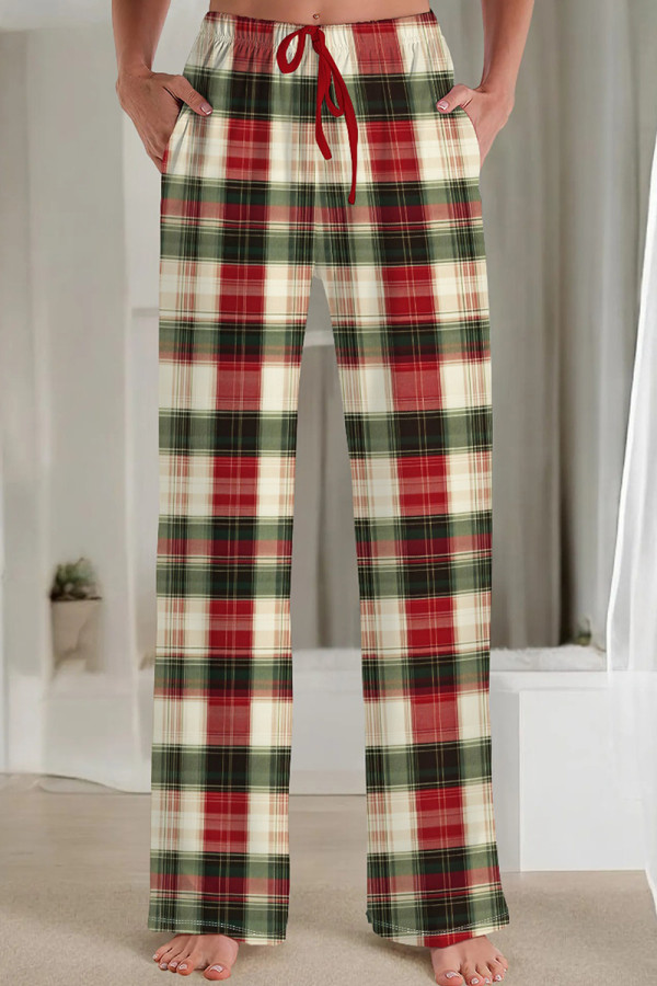 Red Green Casual Print Draw String Pocket Patchwork Loose Mid Waist Straight Full Print Bottoms
