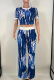 Blue Casual Print Draw String Pocket Patchwork O Neck Short Sleeve Two Pieces