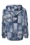Baby Blue Casual Street Faux Denim Print Draw String Pocket Hooded Tops