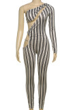 Khaki Casual Stripe Hollow Out Patchwork Asymmetrical Collar Skinny Jumpsuits