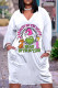 White Casual Cartoon Print Pocket Basic V Neck Long Sleeve Plus Size Dresses