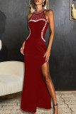 Black Elegant Solid Color Patchwork High Slit Hot Drill Zipper O Neck Long Dresses