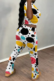 Light Gray Casual Street Camouflage Print Polka Dot Contrast O Neck Short Sleeve Two Pieces