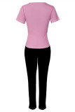 Purple Casual Street Skull Finger Print Contrast O Neck Short Sleeve Two Pieces