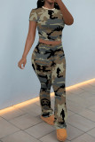 Light Gray Casual Street Camouflage Print Polka Dot Contrast O Neck Short Sleeve Two Pieces