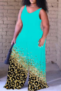 Light Blue Casual Print Backless Spaghetti Strap Plus Size Jumpsuits (With Headscarf)