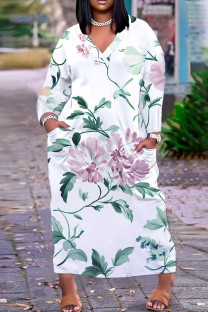 White Pink Casual Floral Print Pocket V Neck Long Plus Size Dresses