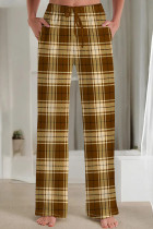 Dark Brown Casual Print Draw String Pocket Patchwork Loose Mid Waist Straight Full Print Bottoms