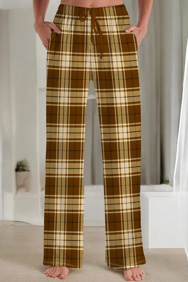 Dark Brown Casual Print Draw String Pocket Patchwork Loose Mid Waist Straight Full Print Bottoms
