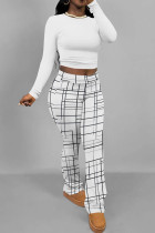 White Casual Print Patchwork O Neck Long Sleeve Two Pieces
