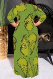Orange Red Casual Cartoon Print Belted O Neck Long Plus Size Dresses