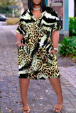 Yellow Brown Casual Print Pocket V Neck Long Sleeve Plus Size Dresses