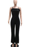 Black Casual Solid Color Sequins Patchwork Backless Spaghetti Strap Regular Jumpsuits