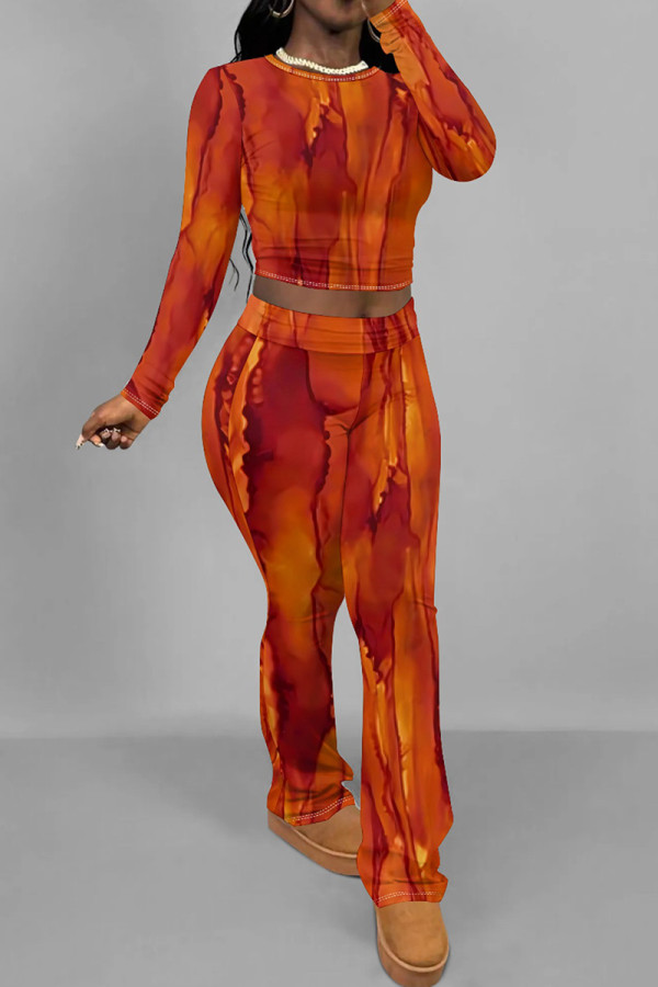 Orange Red Casual Print Patchwork O Neck Long Sleeve Two Pieces