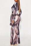 Multicolor Sexy Casual Print Belted Deep V Neck Long Dresses