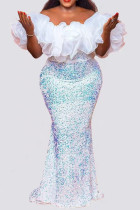 White Elegant Sequins Patchwork Ruffled Trim Off Shoulder Long Dresses