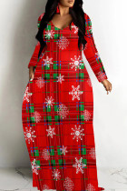 Red Casual Print Basic V Neck Long Dresses