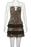 Leopard Print Sexy Leopard Print Hollow Out Patchwork Backless Strapless Printed Dresses