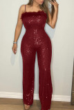 Black Casual Solid Color Sequins Patchwork Backless Spaghetti Strap Regular Jumpsuits