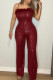 Burgundy Casual Solid Color Sequins Patchwork Backless Spaghetti Strap Regular Jumpsuits
