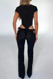 Black Sexy Print Hollow Out Patchwork Deep V Neck Skinny Jumpsuits