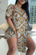 Grey Brown Casual Print Slit V Neck Short Sleeve Two Pieces