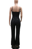 Black Casual Solid Color Sequins Patchwork Backless Spaghetti Strap Regular Jumpsuits